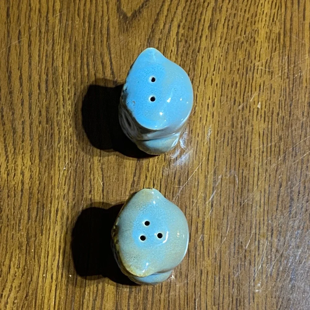 Vintage Ceramic Owl Cookie Jar Canister and Salt‎ Pepper Shaker Set Brown Blue